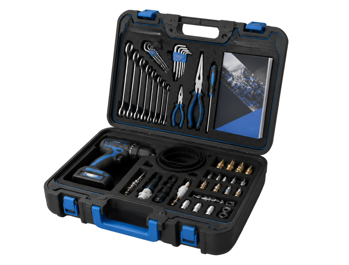 Open JetWash maintenance case with professional tools, a cordless drill, service manual and replacement components